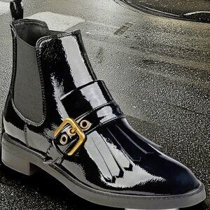 Marc Fisher Brigita Chelsea Kiltie Black Patent Buckle Pull On Boot, Size 7